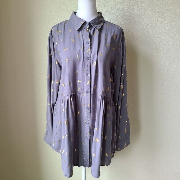 Solitaire Tunic Medium Baby Doll Gold Leaves Oversized Roll Tab Sleeve - Picture 1 of 14